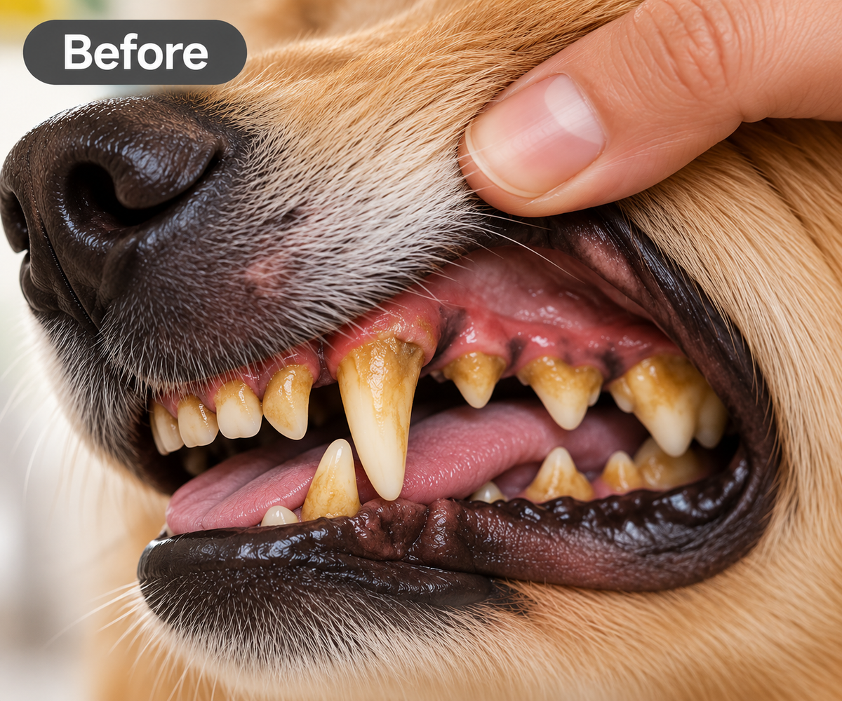 Dog teeth with visible buildup before dental care
