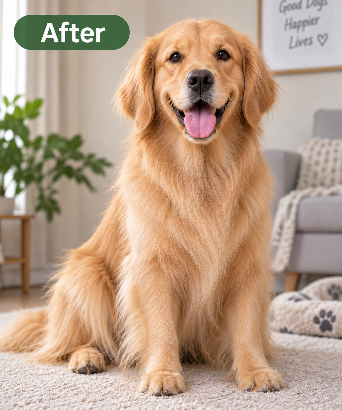 Golden retriever with smooth groomed coat after detangling
