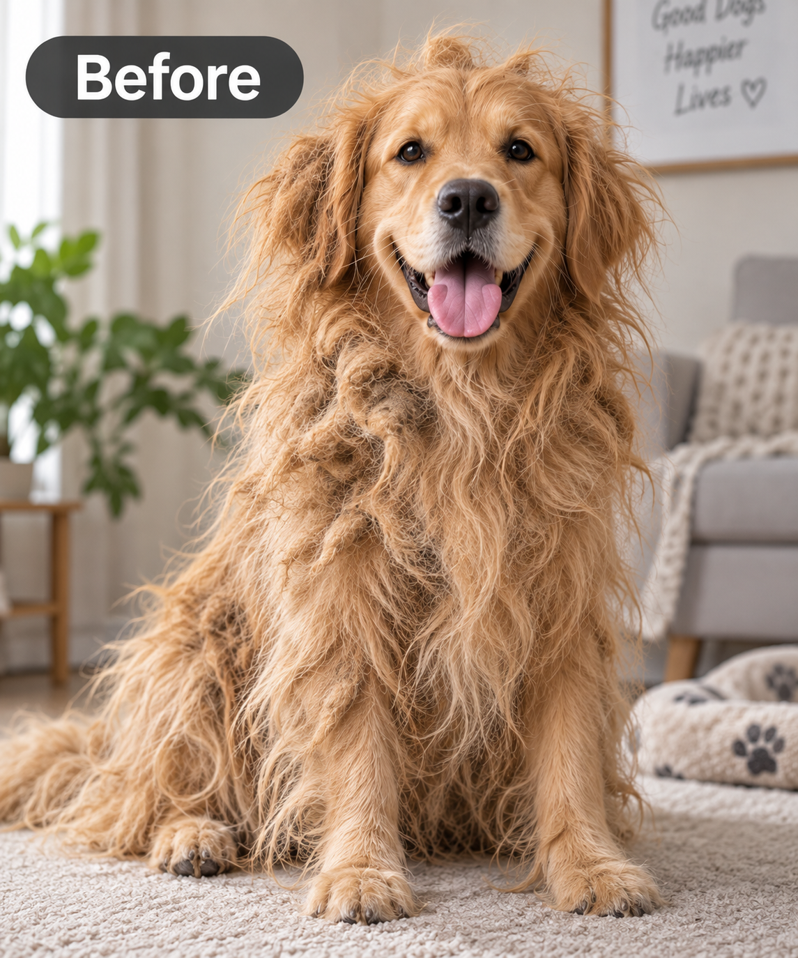 Golden retriever with tangled coat before detangling
