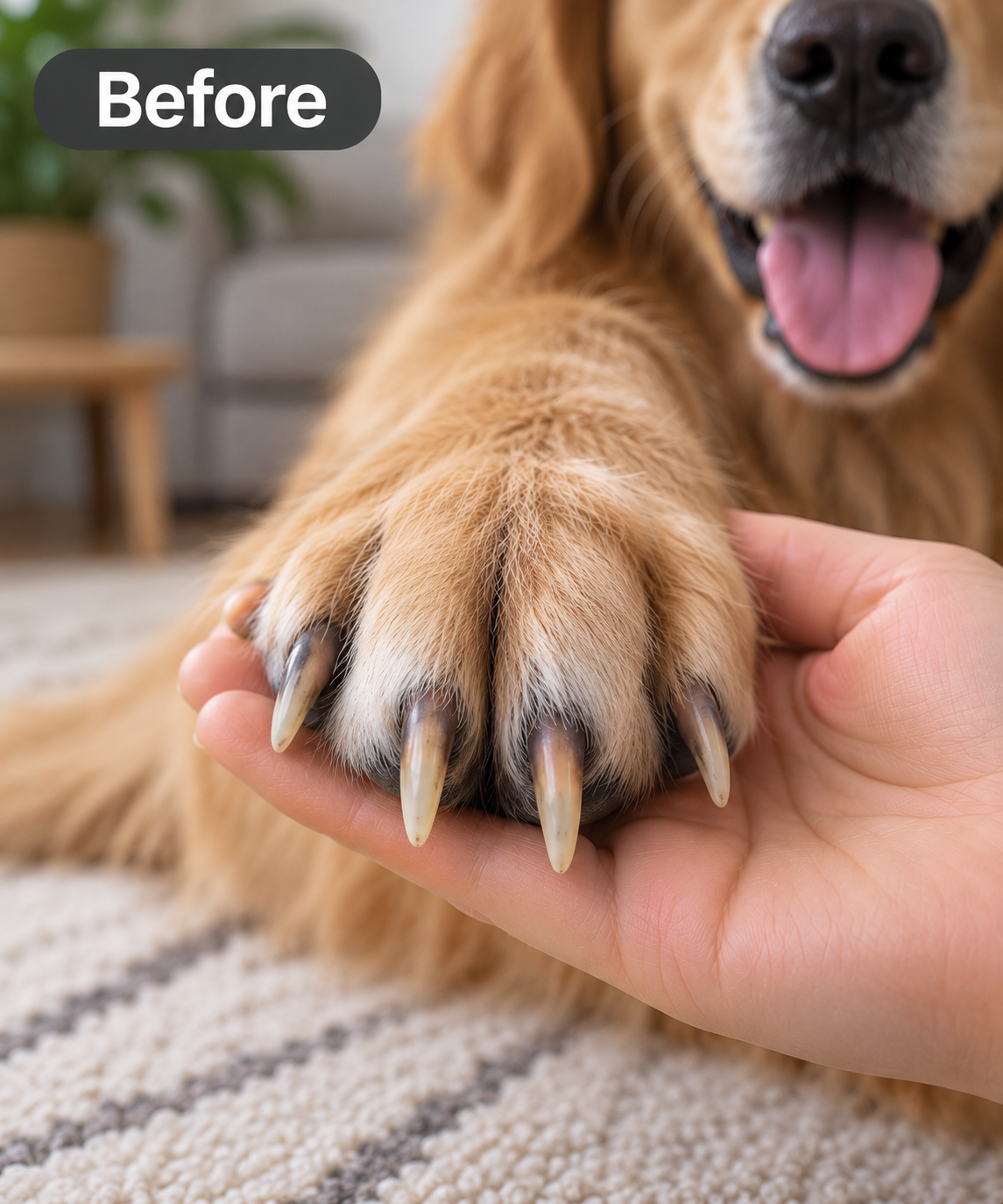 Dog paw with longer nails before using the quiet nail grinder