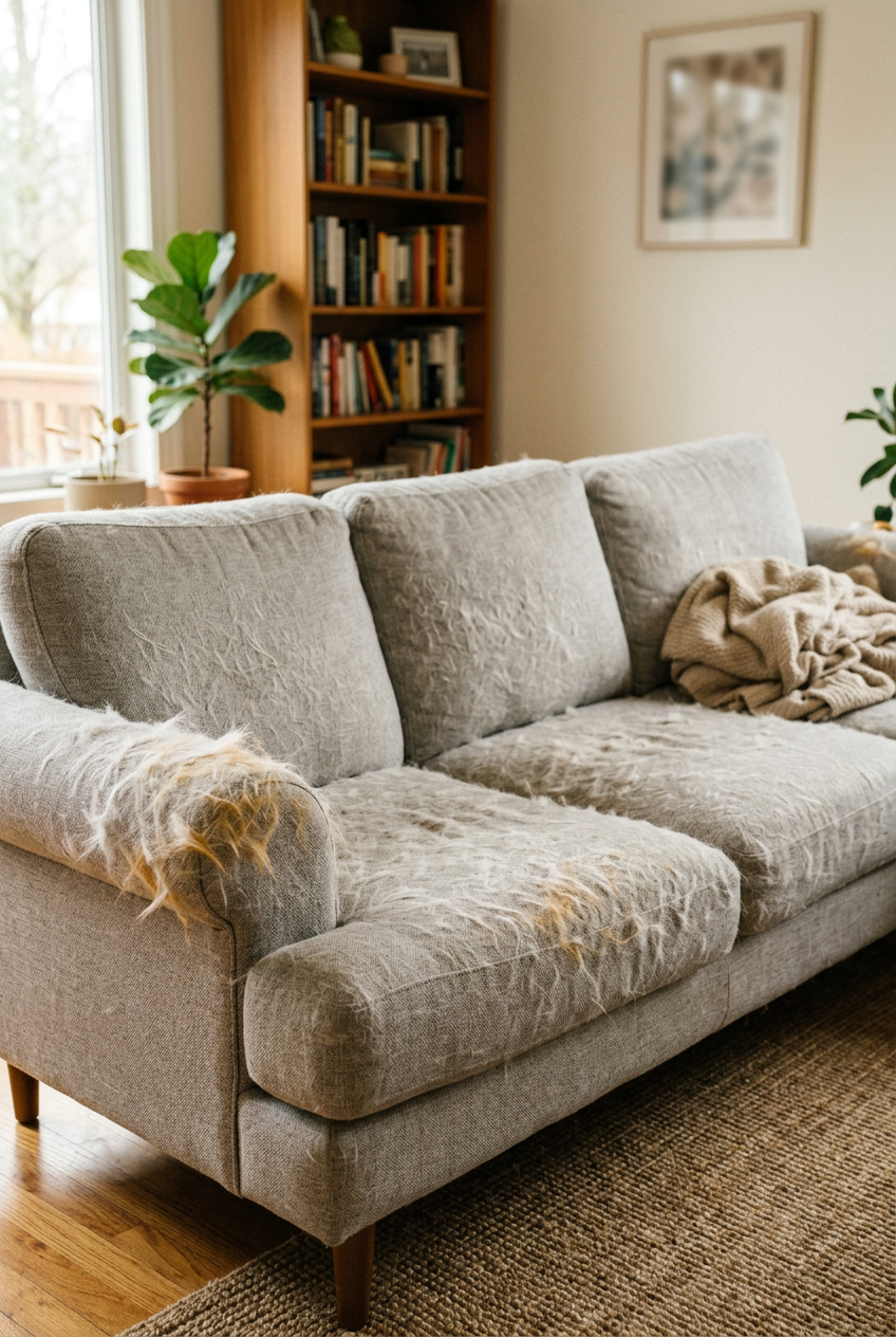 Sofa covered in pet hair before clean-up